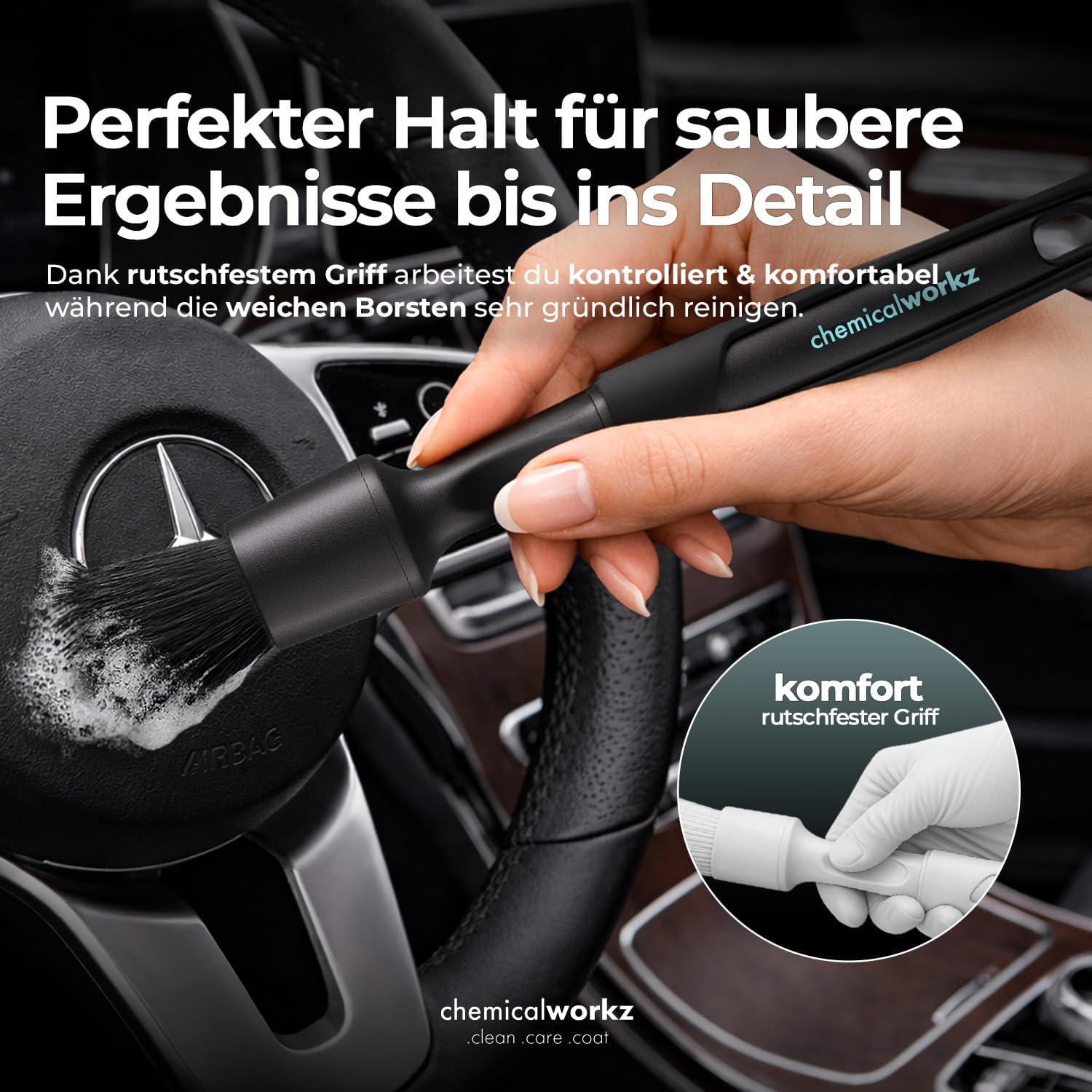 Clean safely with the chemicalworkz car detailing brush set. Professional, ergonomic, scratch-free brushes for sensitive interior and exterior trim. Clean safely with the chemicalworkz car detailing brush set. Professional, ergonomic, scratch-free brushes for sensitive interior and exterior trim.