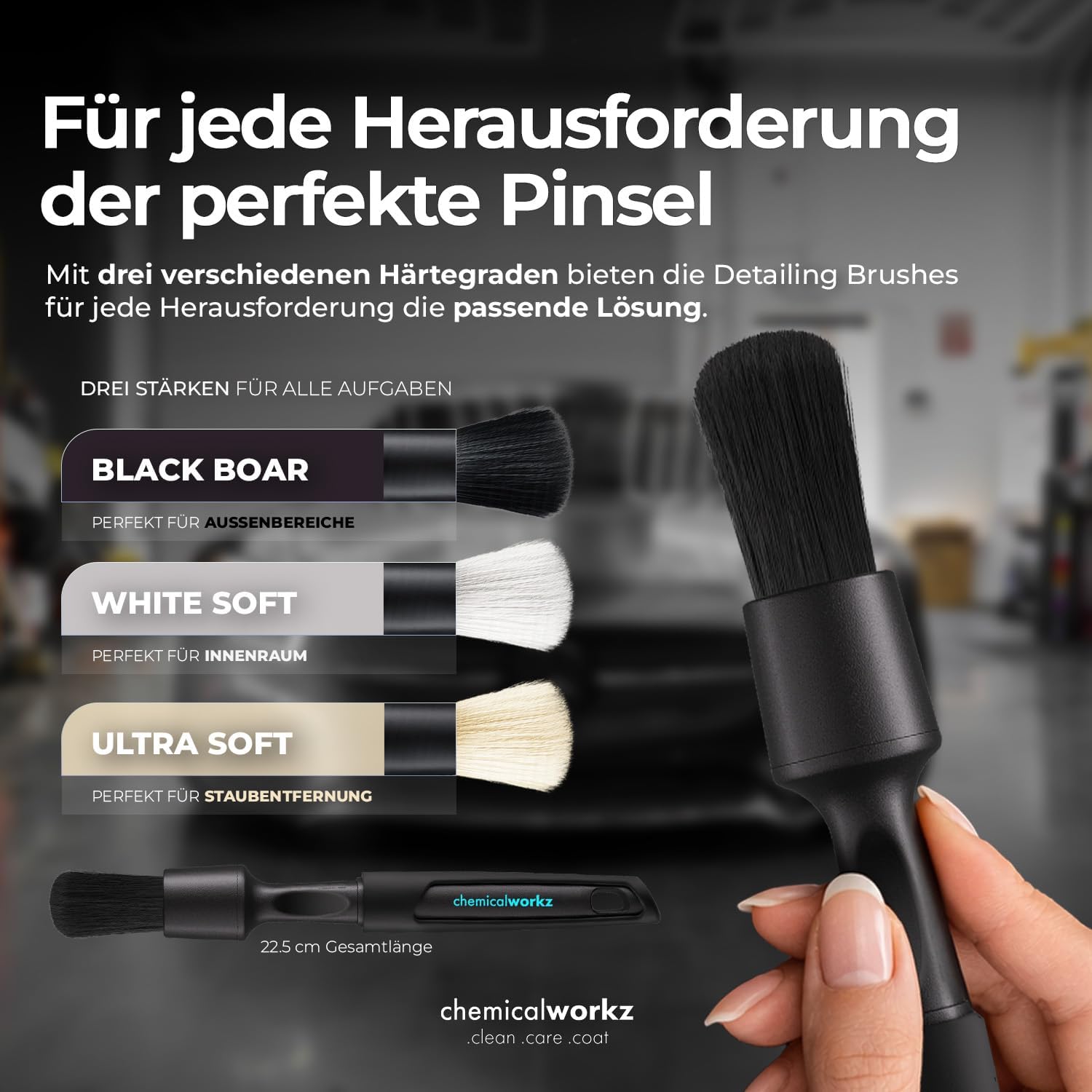 Clean safely with the chemicalworkz car detailing brush set. Professional, ergonomic, scratch-free brushes for sensitive interior and exterior trim. Clean safely with the chemicalworkz car detailing brush set. Professional, ergonomic, scratch-free brushes for sensitive interior and exterior trim.
