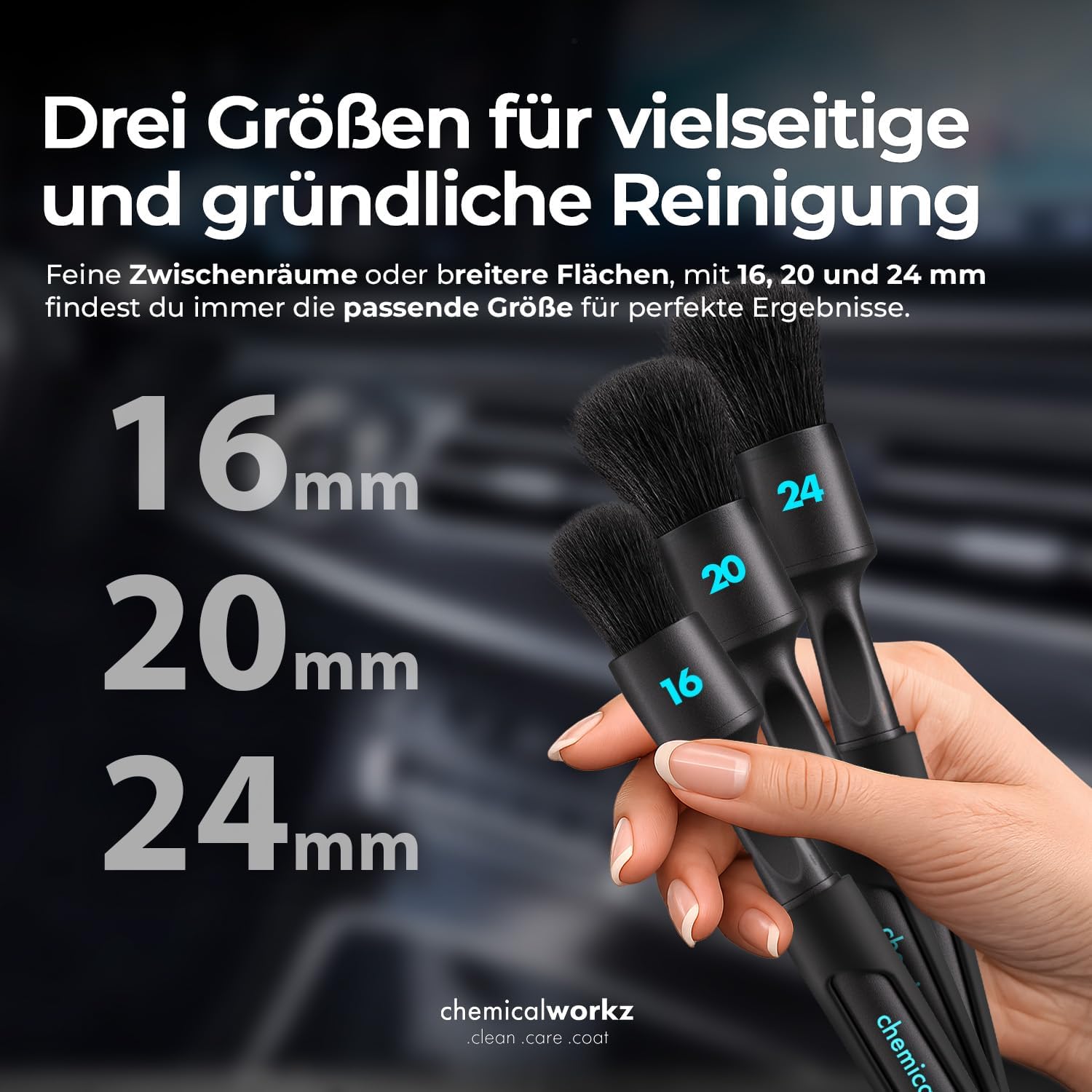 Clean safely with the chemicalworkz car detailing brush set. Professional, ergonomic, scratch-free brushes for sensitive interior and exterior trim. Clean safely with the chemicalworkz car detailing brush set. Professional, ergonomic, scratch-free brushes for sensitive interior and exterior trim.