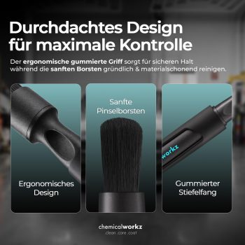 Clean safely with the chemicalworkz car detailing brush set. Professional, ergonomic, scratch-free brushes for sensitive interior and exterior trim.