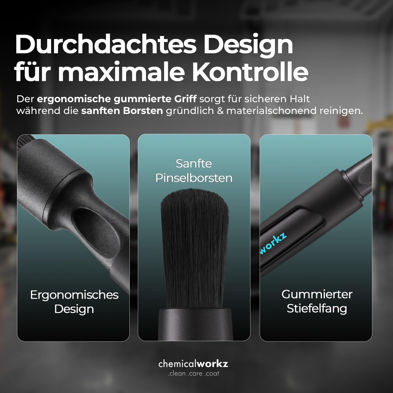 Clean safely with the chemicalworkz car detailing brush set. Professional, ergonomic, scratch-free brushes for sensitive interior and exterior trim. Clean safely with the chemicalworkz car detailing brush set. Professional, ergonomic, scratch-free brushes for sensitive interior and exterior trim.