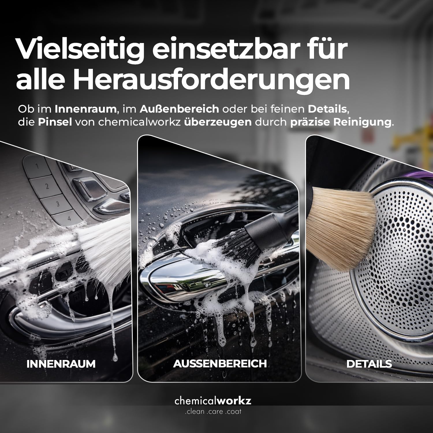 Clean safely with the chemicalworkz car detailing brush set. Professional, ergonomic, scratch-free brushes for sensitive interior and exterior trim. Clean safely with the chemicalworkz car detailing brush set. Professional, ergonomic, scratch-free brushes for sensitive interior and exterior trim.